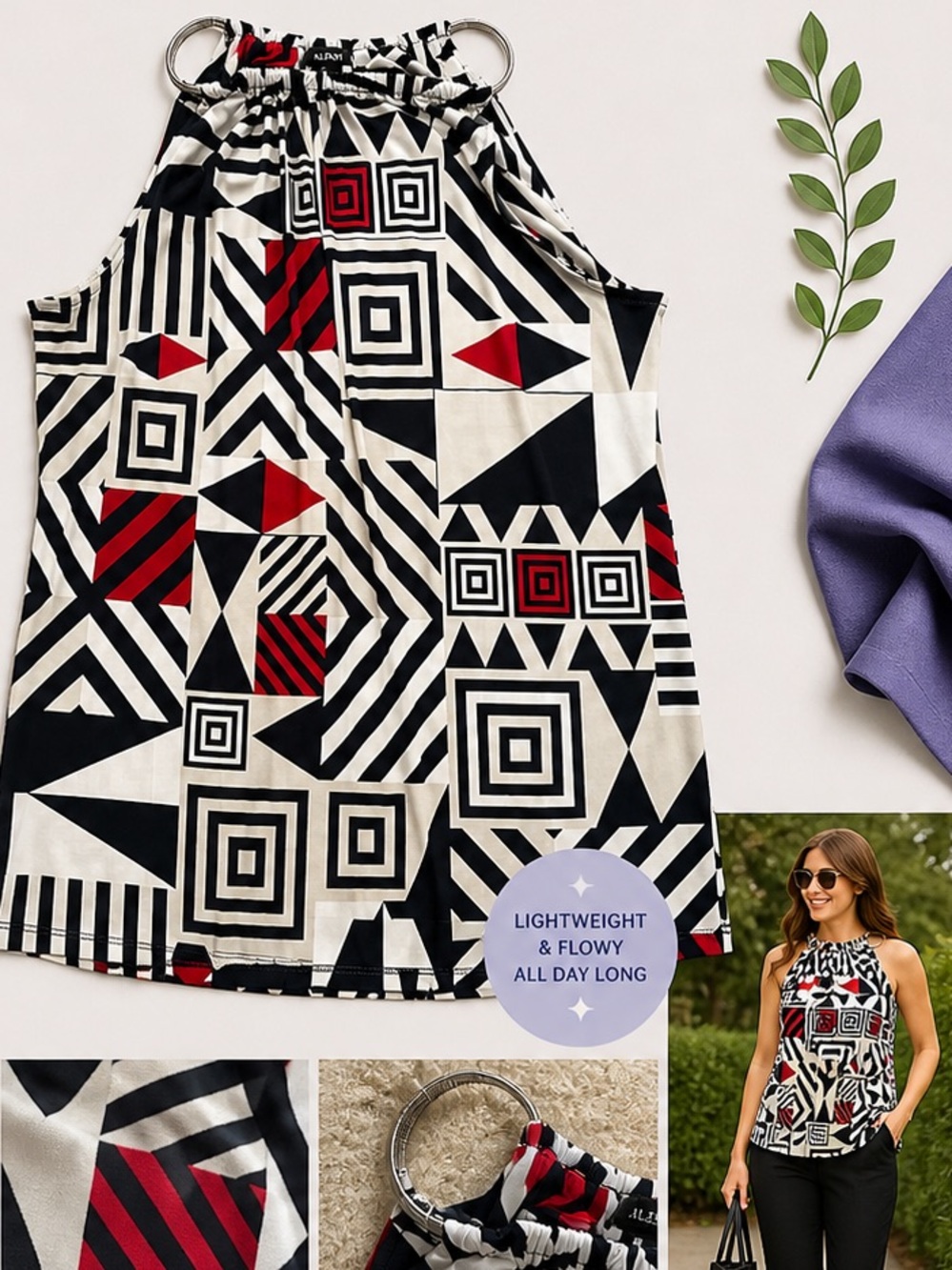 Alfani Navy, White & Red Geometric Halter Top